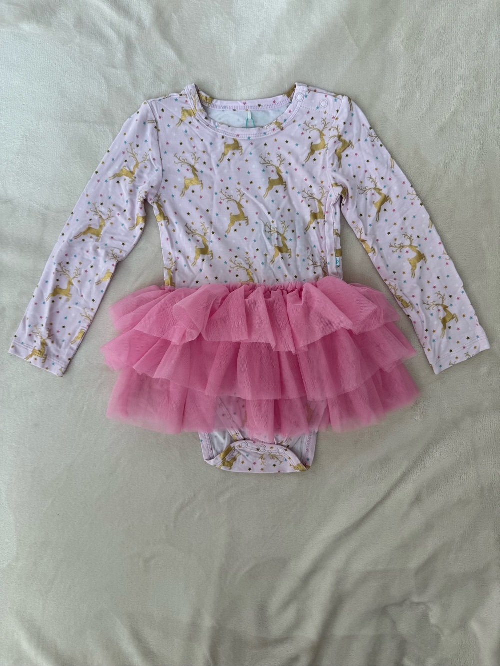 Posh Peanut Holiday Pink Tulle Bodysuit Dress with Gold Foil Reindeer Print